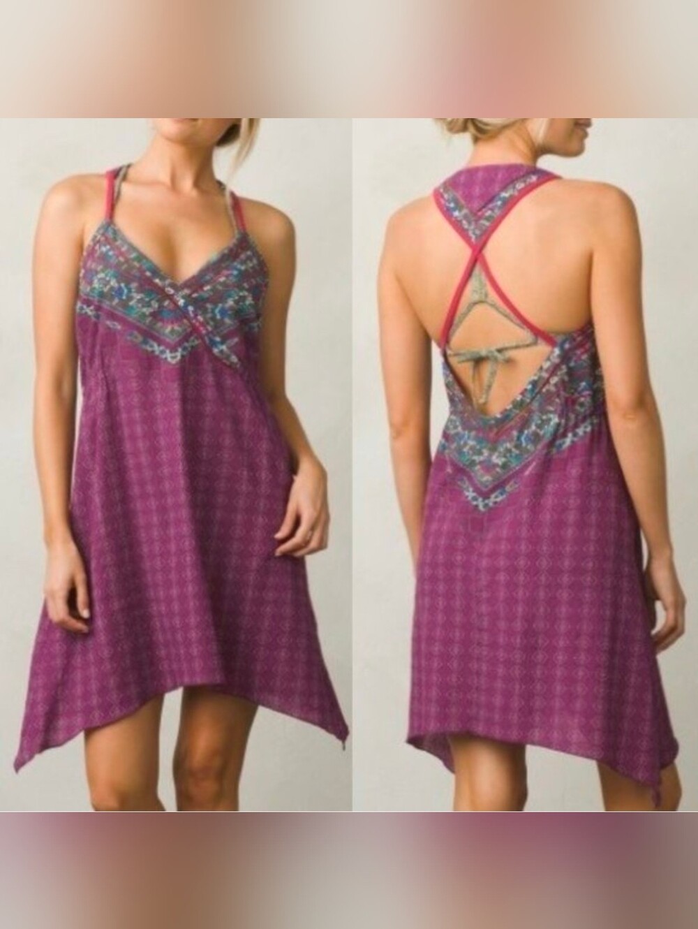 Prana Anthro Medium Wine Boho Floral Trim Spaghetti-Strap Dress Medium